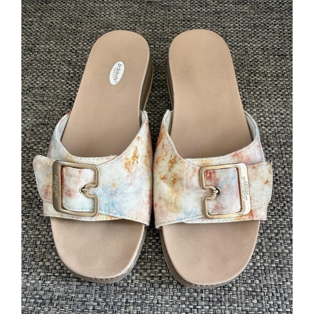 Woman Dr. Scholl's‎ Originalist/2 Tie Dye Low Wedge Sandals Foam Gold Buckle 7.5